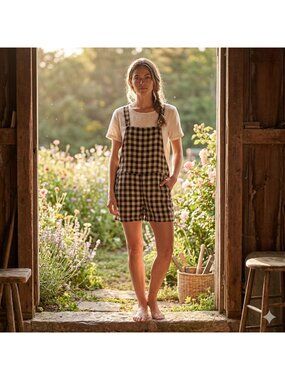 Pyne & Smith No 11 Linen Shortalls Gingham Montmartre XS Lagenlook Overalls Gray